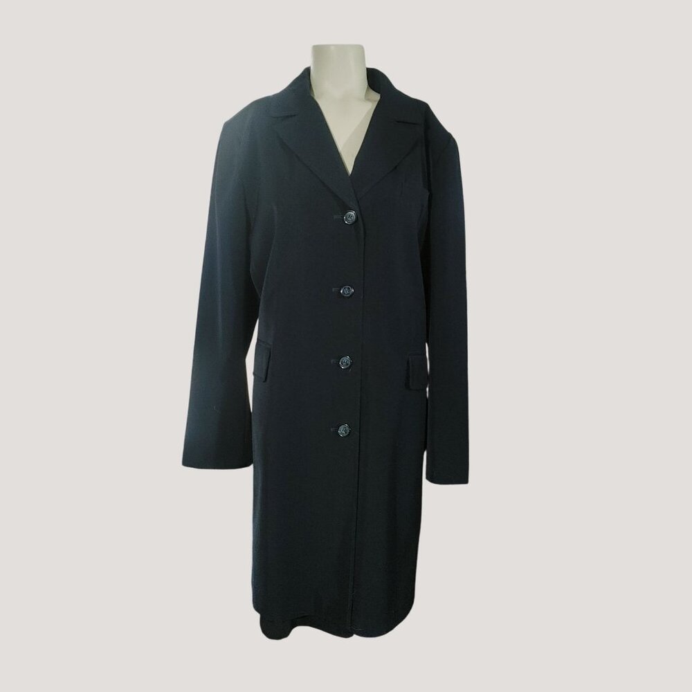 Large Dress Coat Jacqueline Ferrar Navy Blue Button Front Pockets Trench Coat